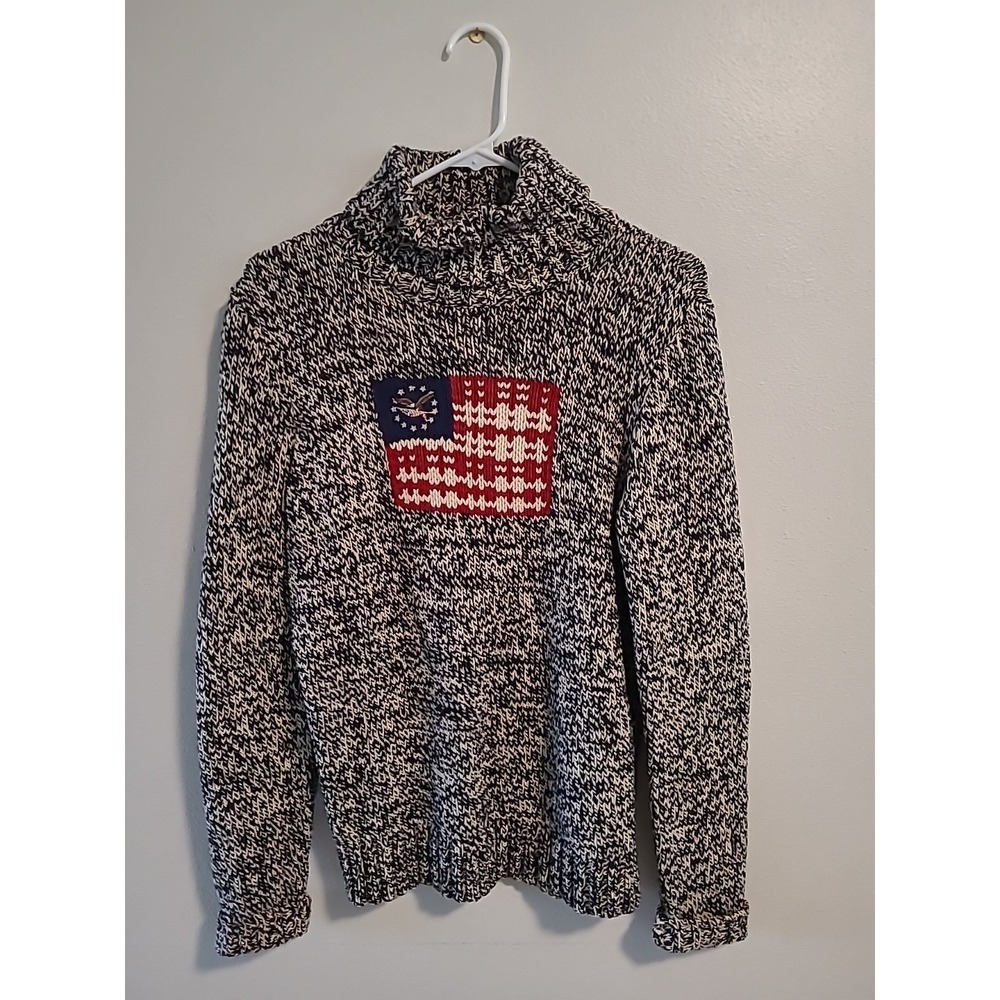 American Living Flag‎ Marled Knit Pullover Sweater Size Med Black Cream
